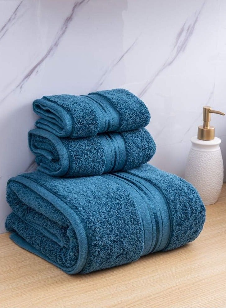 joyzzz Luxury Bath Towels Set 3 Pack, Towel Set 100% Cotton (1 Large Bath Towel, 1 Hand Towel, 1 Washcloth) Ultra Soft and Highly Absorbent, for Bathroom, Hotel, Spa, Beach and Gym-Blue - Image 2